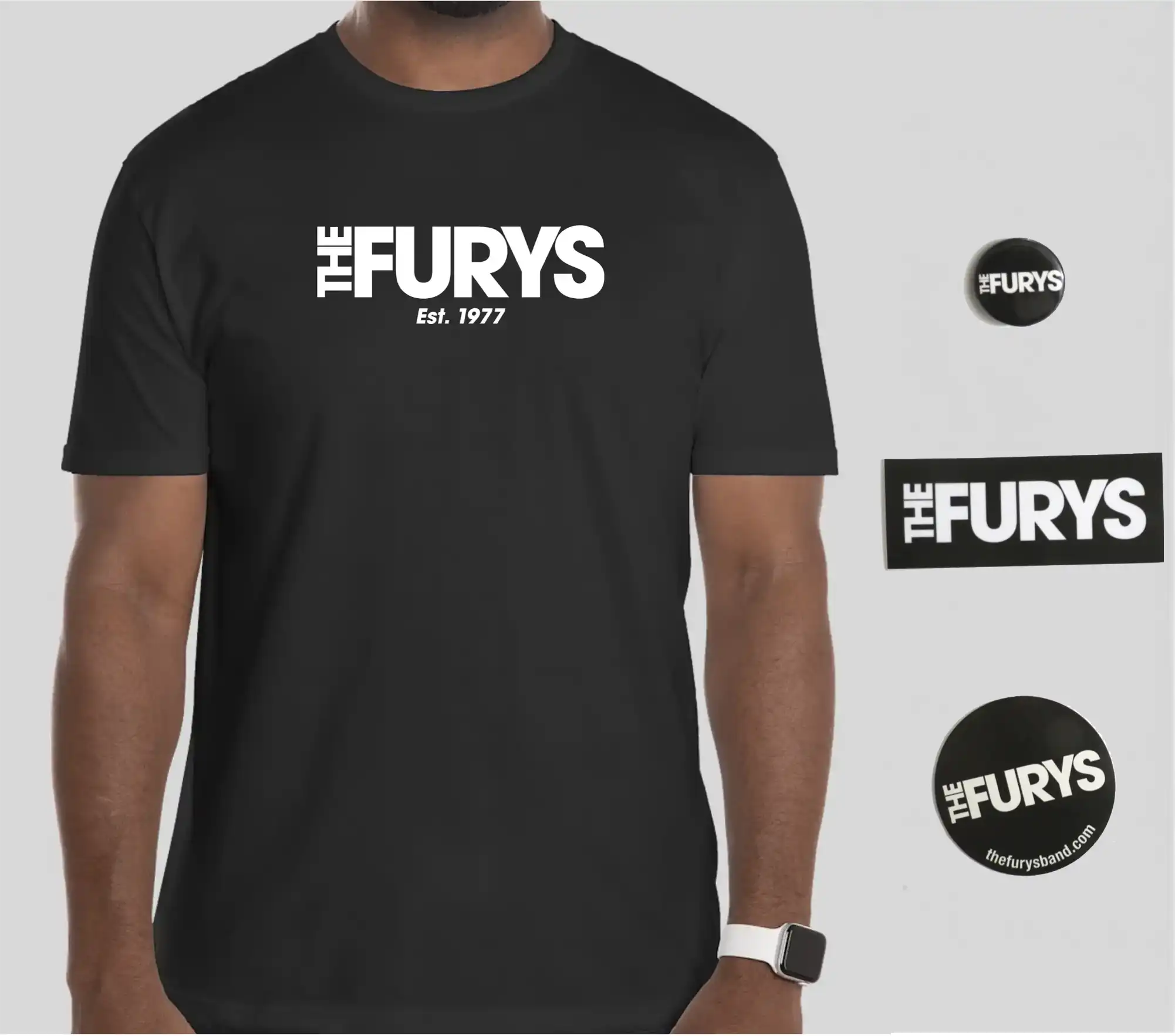 The Furys Est. 1977 T-shirt with button, sticker and coaster
