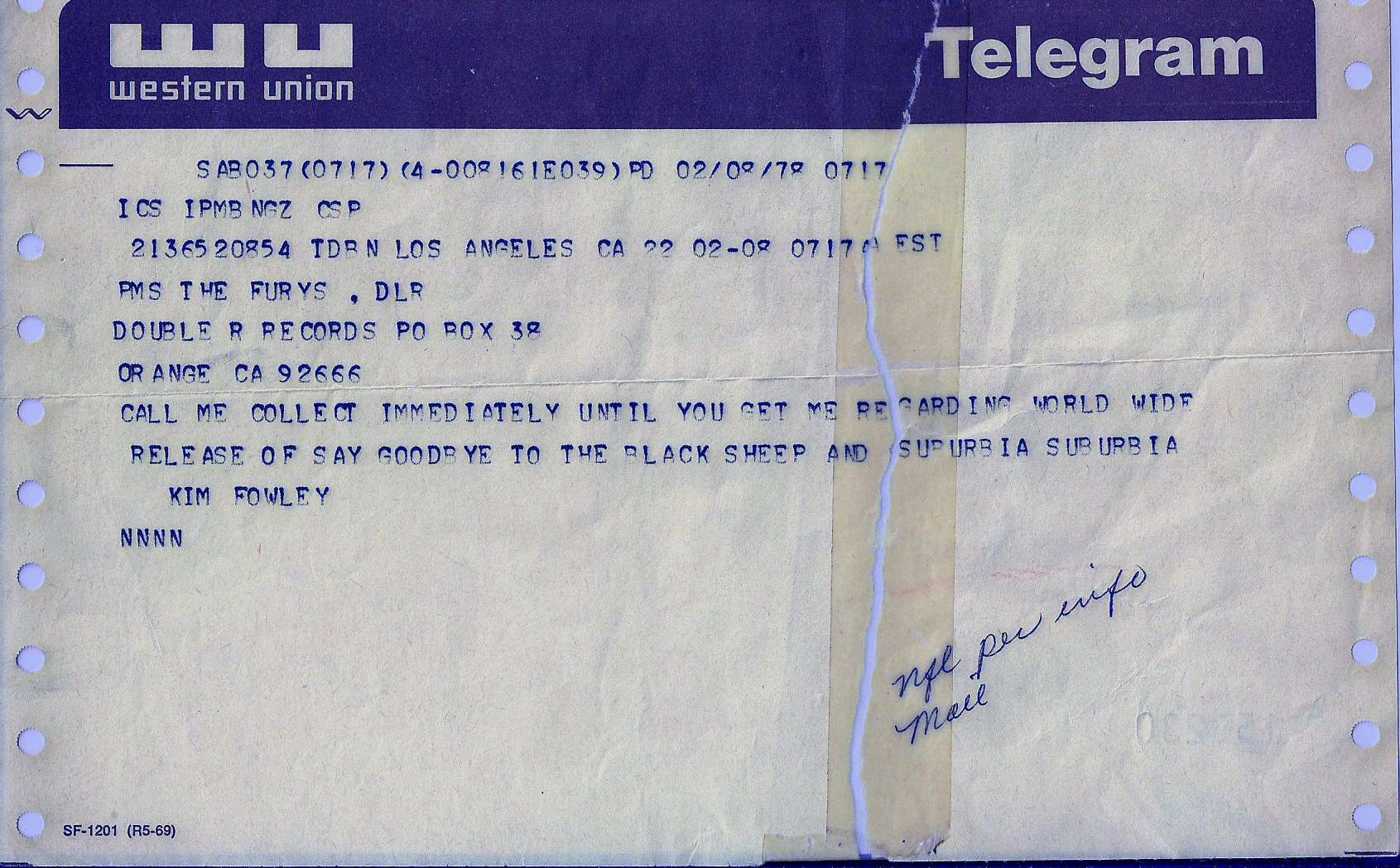 Kim Fowley telegram